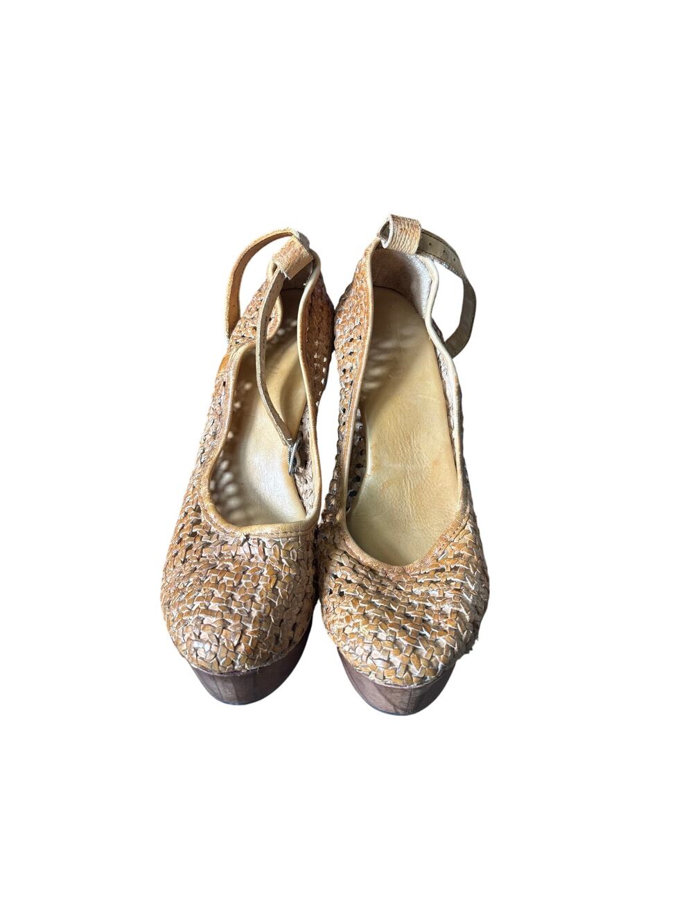 Beditsu Brown Woven Leather Wooden Wedges Sz 9.5